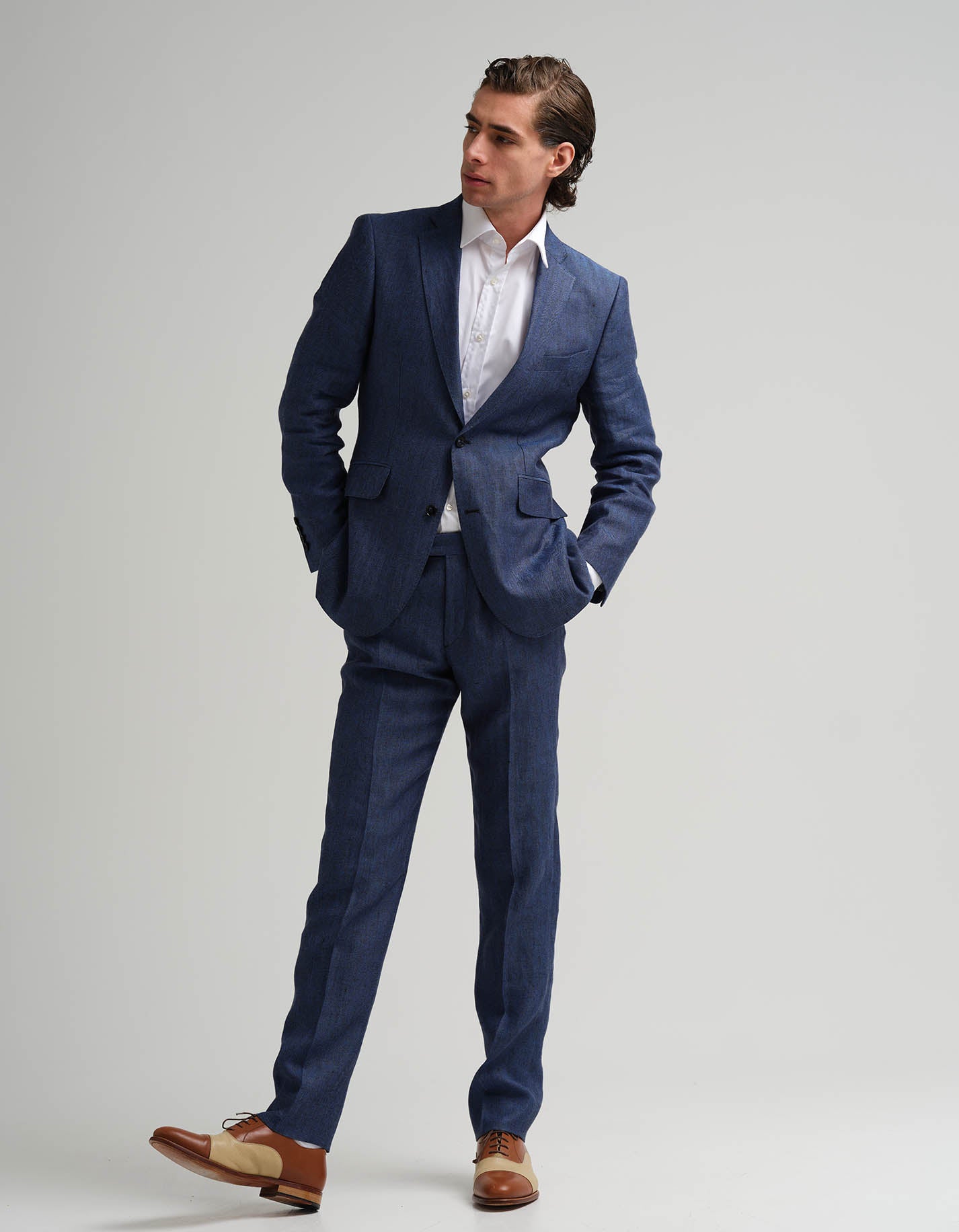 Navy Black Tonic Herringbone Linen 2 Piece Suit