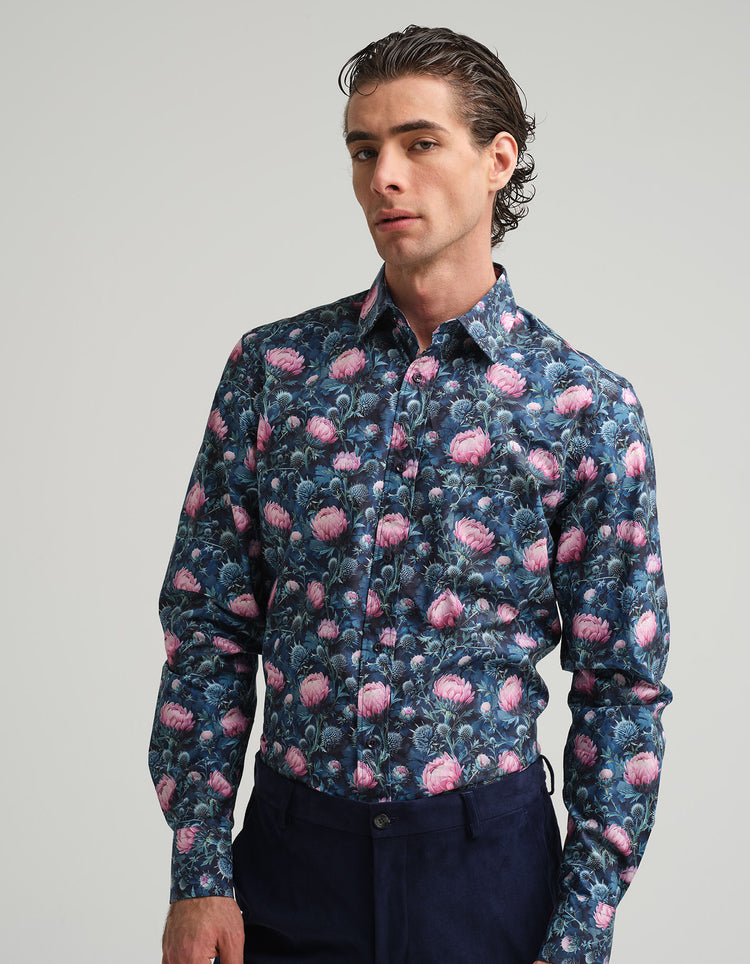 Blue & Pink Thistle Print Shirt