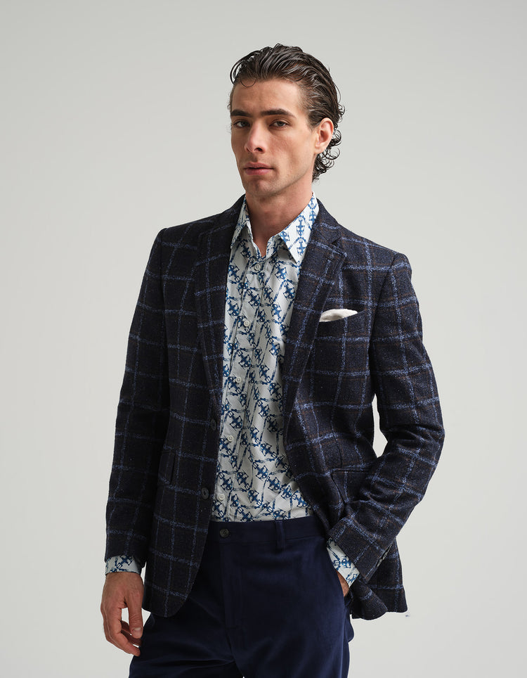 Navy & Brown Windowpane Check Jacket