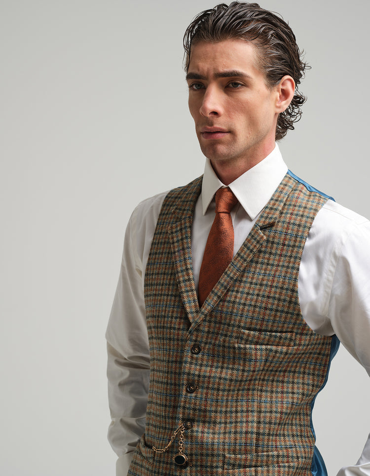 Tan & Blue Check Tweed Waistcoat