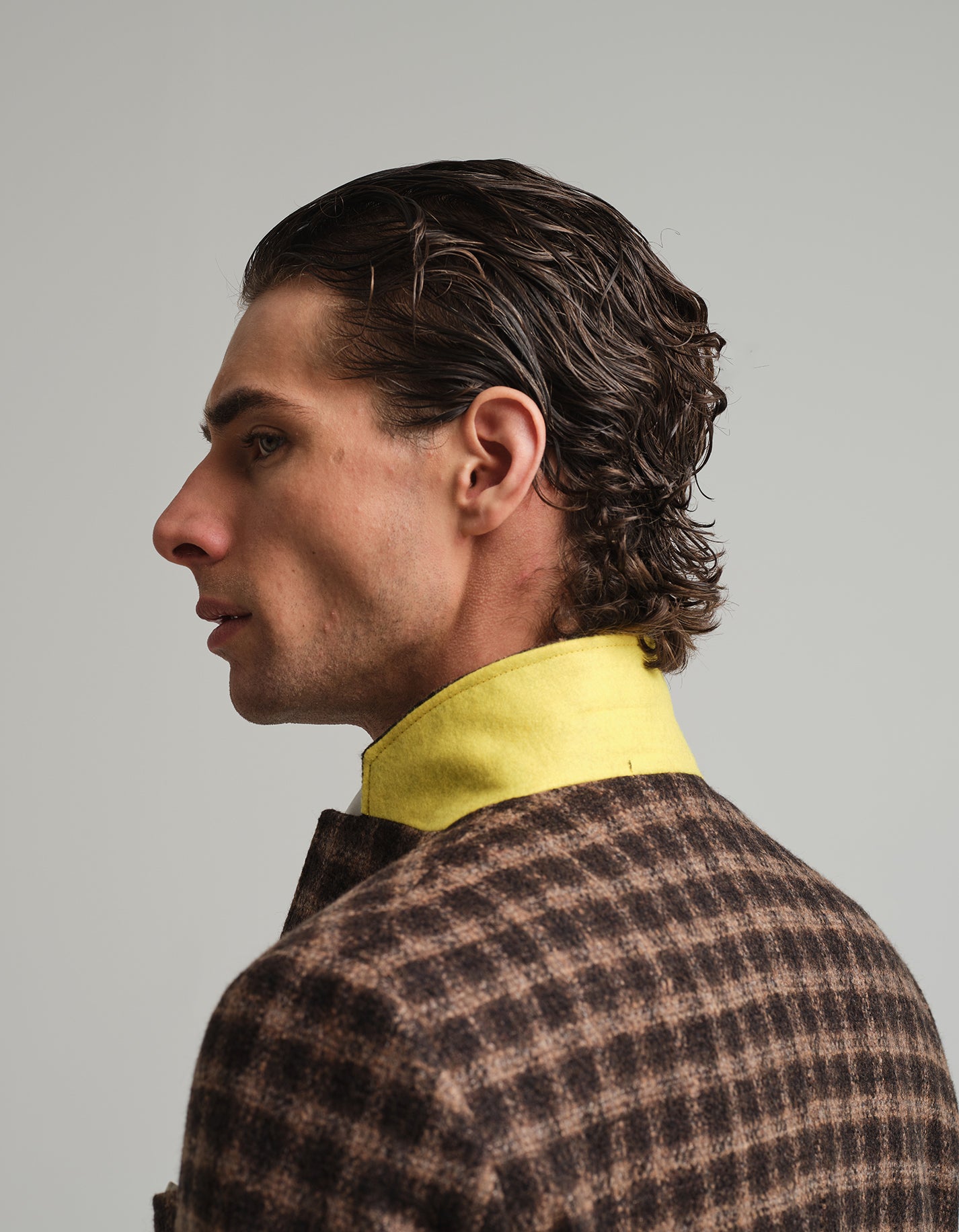 【希少】general research/check g-coat/wool/M Brown Checkered Brushed Wool Look Tie Waist Coat | Outerwear