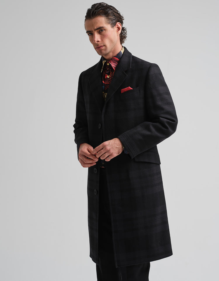 Tonal Black Tartan Covert Coat