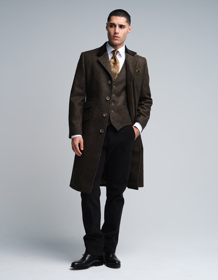 Dark Olive Donegal Wool Covert Coat