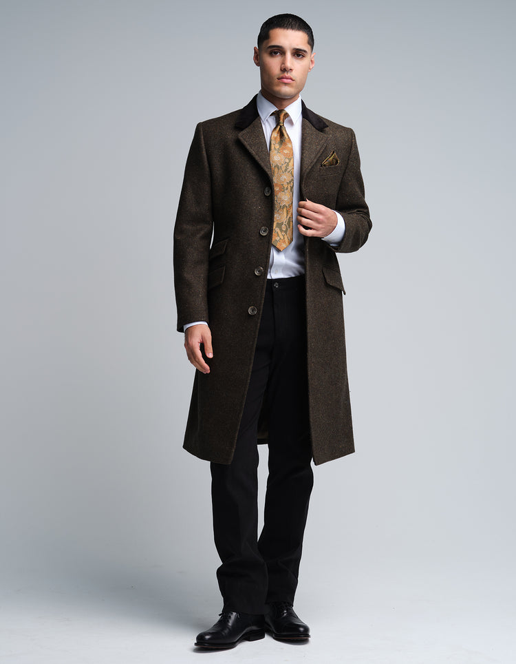 Dark Olive Donegal Wool Covert Coat