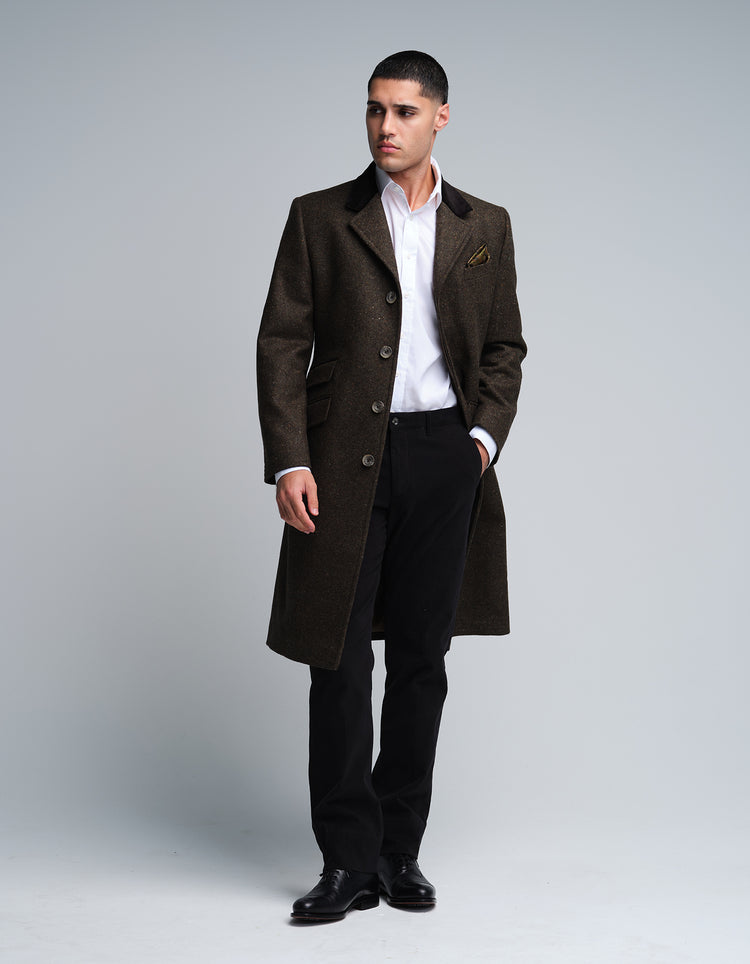 Dark Olive Donegal Wool Covert Coat