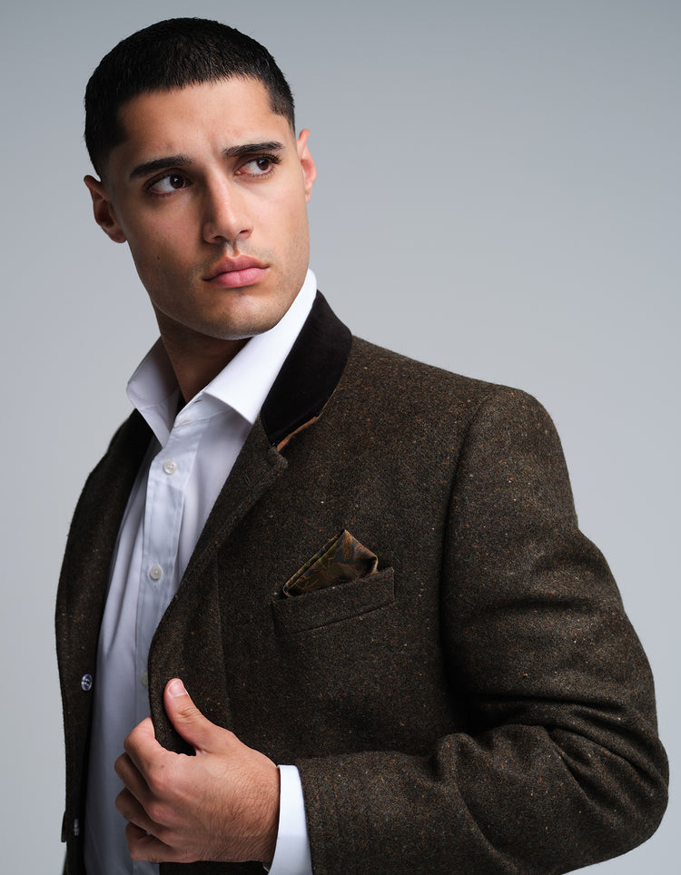 Dark Olive Donegal Wool Covert Coat