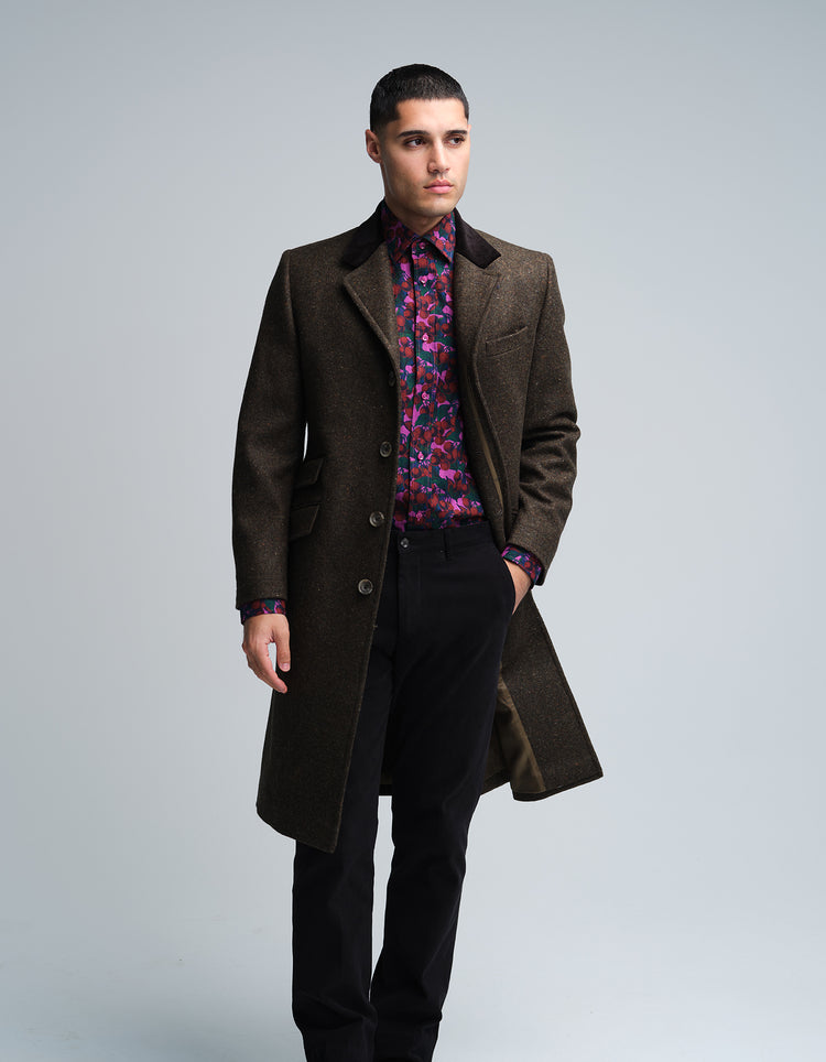Dark Olive Donegal Wool Covert Coat