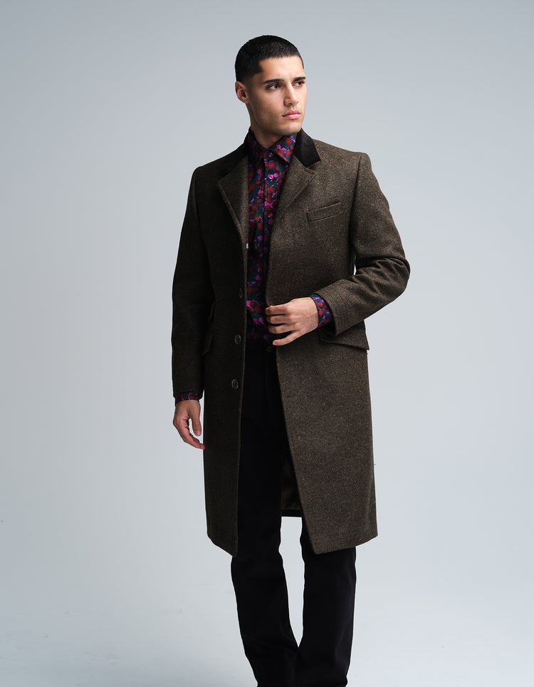 Dark Olive Donegal Wool Covert Coat