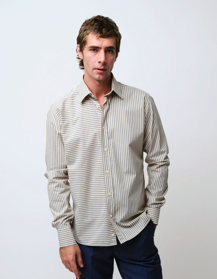 Cream & Navy Stripe Split Yoke Shirt