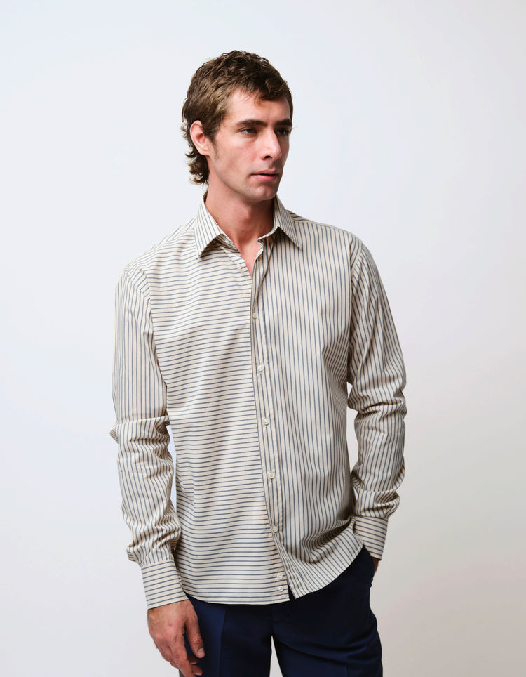 Cream & Navy Stripe Split Yoke Shirt