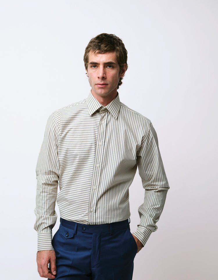 Cream & Navy Stripe Split Yoke Shirt