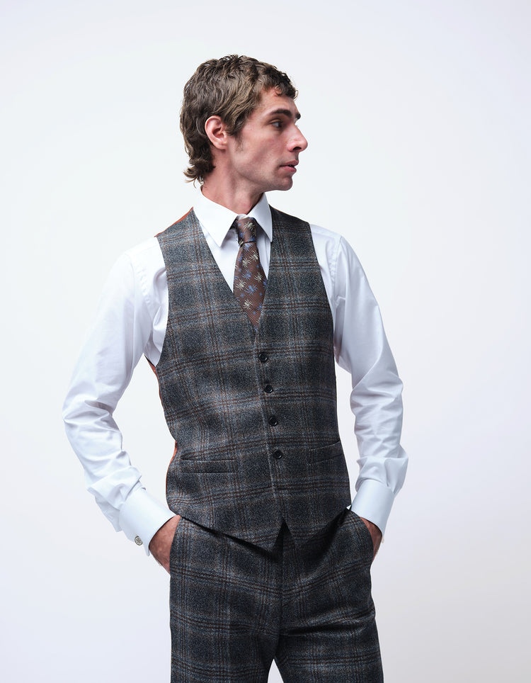 Grey Merino Wool Check Waistcoat