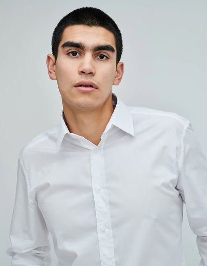 White Jacquard Double Cuff Kent Collar Shirt