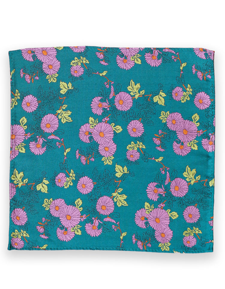 Turquoise & Purple Daisy Silk Pocket Square