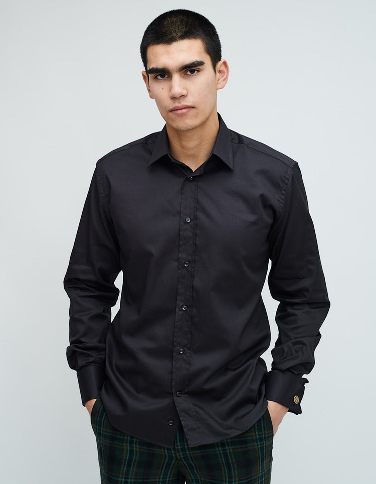 Black Double Cuff Kent Collar Shirt - Gresham Blake Online