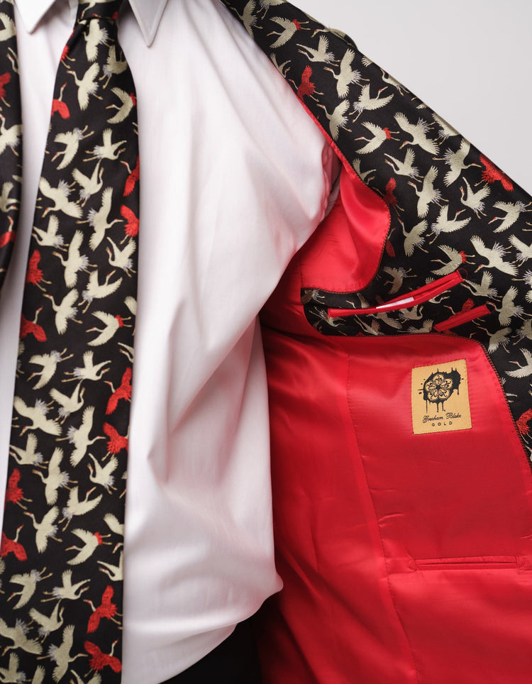 Black & Red Cranes Silk Jacket - Gresham Blake Online