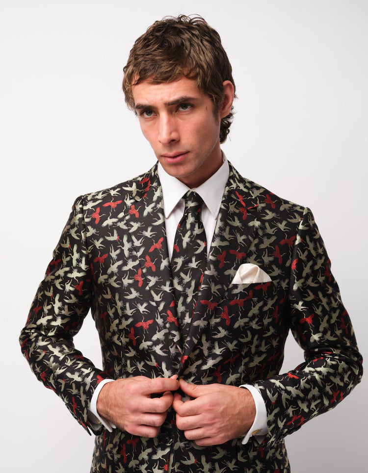 Black & Red Cranes Silk Jacket - Gresham Blake Online