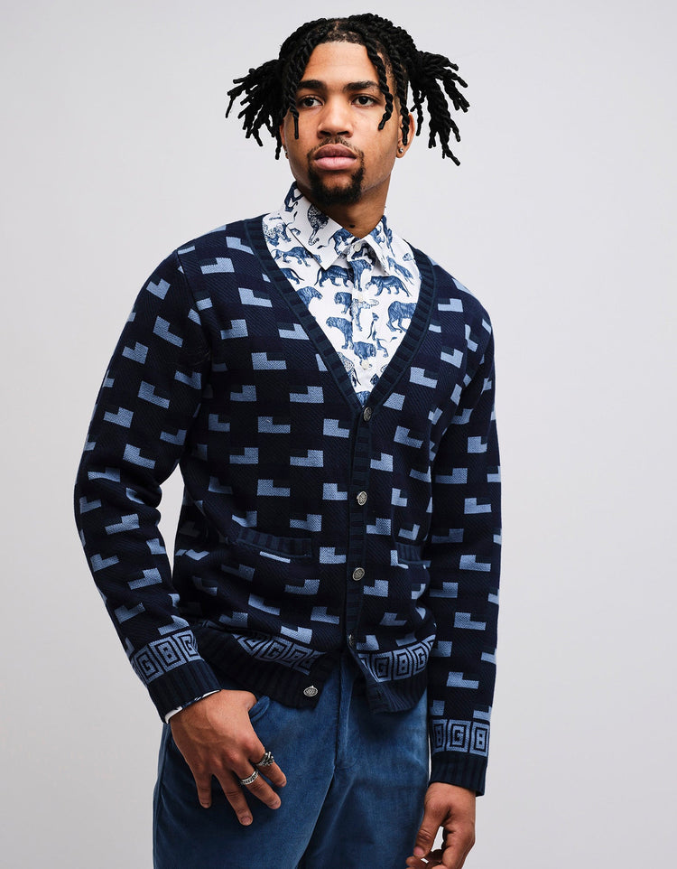 Blue Geometric GB Cotton Cardigan - Gresham Blake Online
