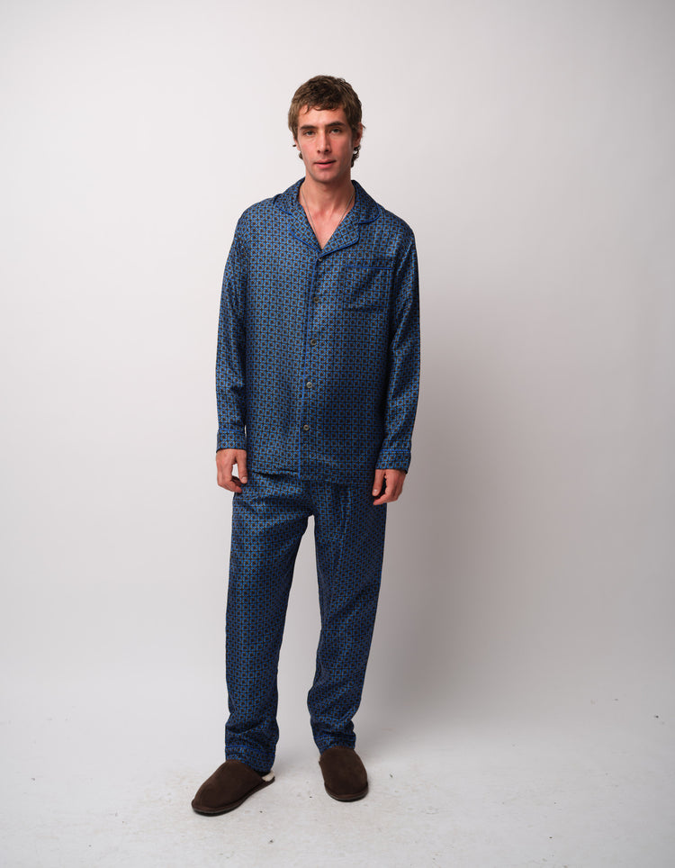 Blue Geometric Silk Pyjamas - full length front view, second pose