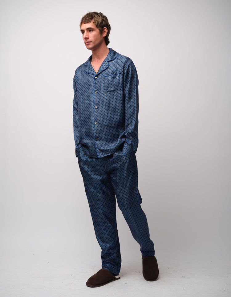 Blue Geometric Silk Pyjamas - three-quarter pose showing the full set