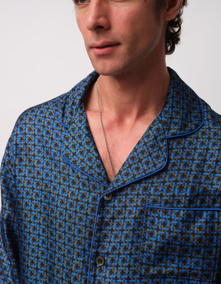 Blue Geometric Silk Pyjamas - close-up of the revere collar and geometric print