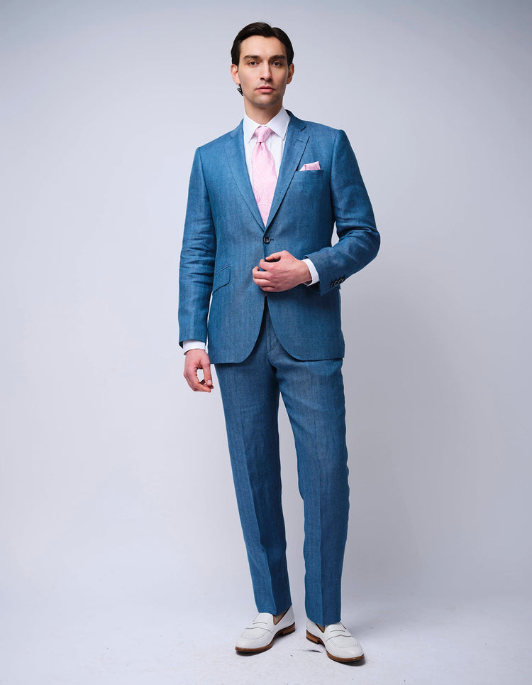 Blue Herringbone Linen Suit - Gresham Blake Online