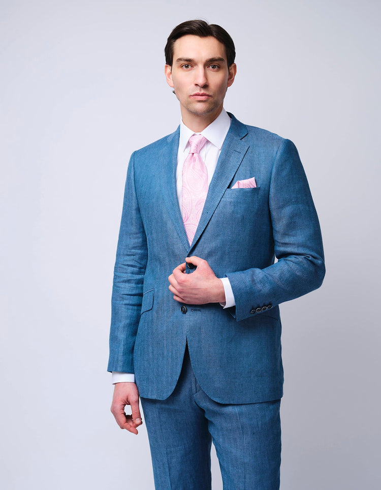 Blue Herringbone Linen Suit - Gresham Blake Online