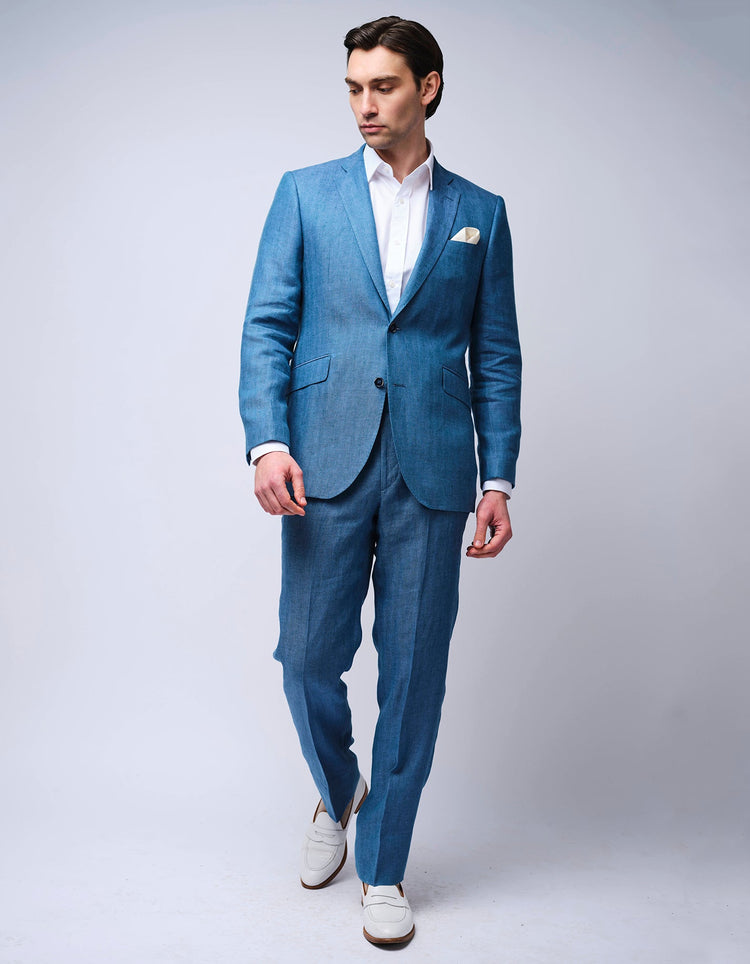 Blue Herringbone Linen Suit - Gresham Blake Online