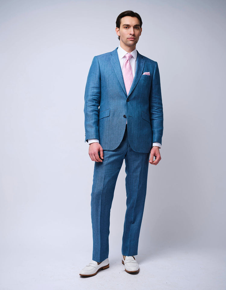 Blue Herringbone Linen Suit - Gresham Blake Online
