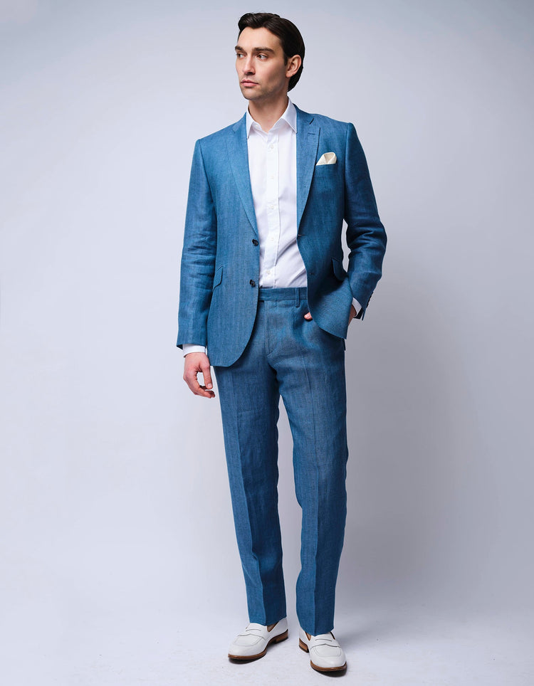 Blue Herringbone Linen Suit - Gresham Blake Online