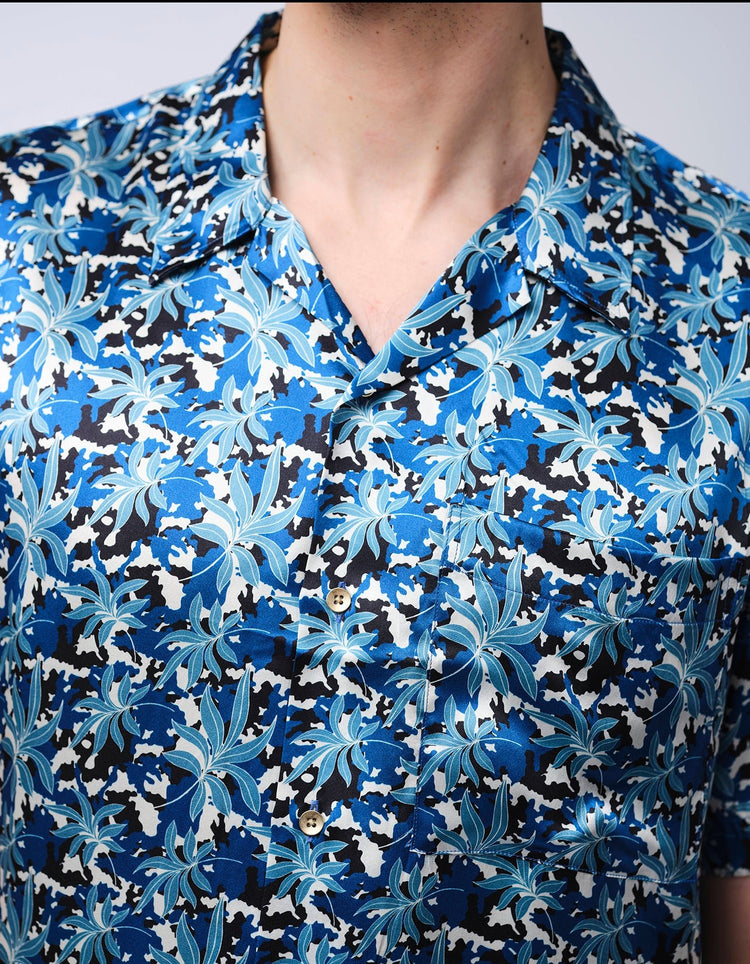 Blue Leaves Short Sleeve Silk Shirt - Gresham Blake Online