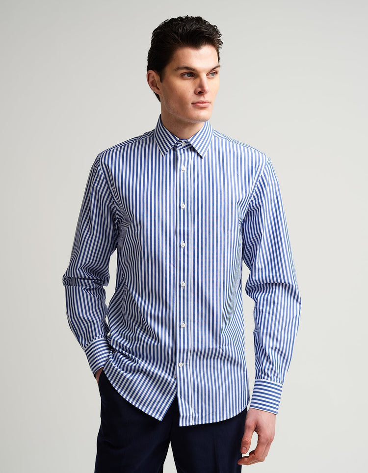 Blue & White Stripe Single Cuff Shirt - Gresham Blake Online