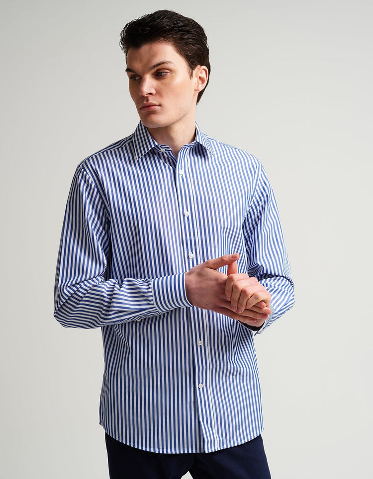 Blue & White Stripe Single Cuff Shirt - Gresham Blake Online