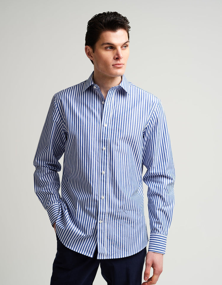 Blue & White Stripe Single Cuff Shirt - Gresham Blake Online