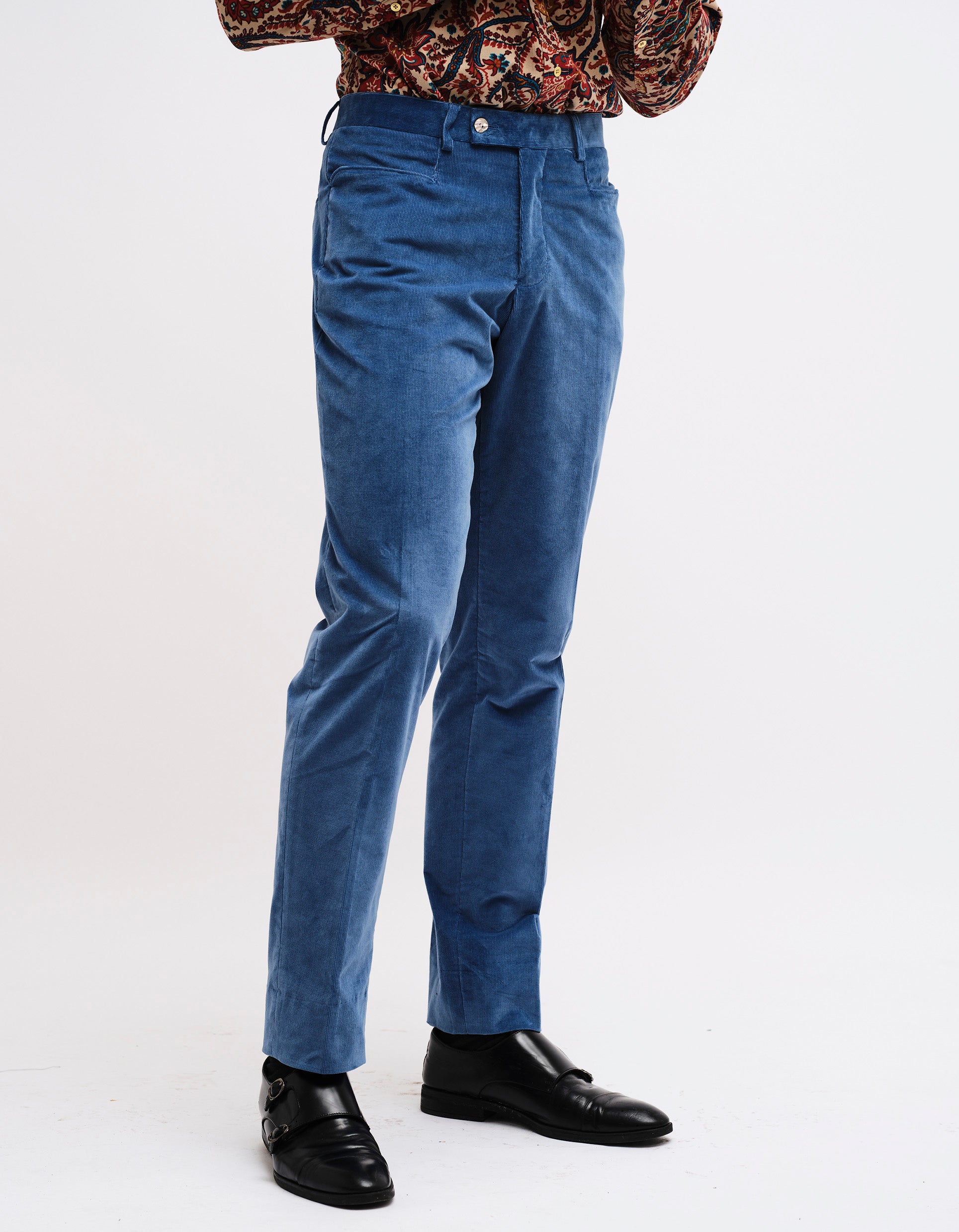 Infantry Blue Corduroy Trousers -Stancliffe Flat-Front in 8-Wale Cotton by  Fort Belvedere