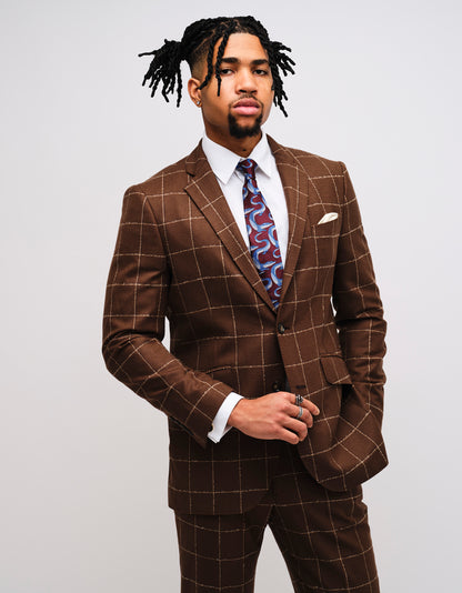 Brown Windowpane Check Wool 2 Piece Suit