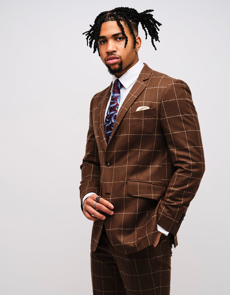 Brown Windowpane Check Wool 2 Piece Suit