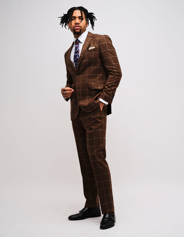 Brown Windowpane Check Wool 2 Piece Suit