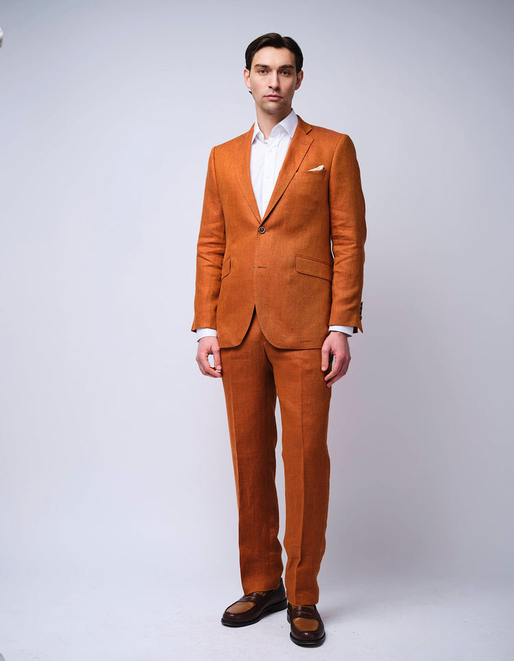 Burnt Orange Herringbone Linen Suit - Gresham Blake Online