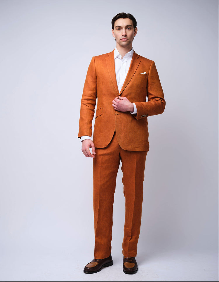 Burnt Orange Herringbone Linen Suit - Gresham Blake Online