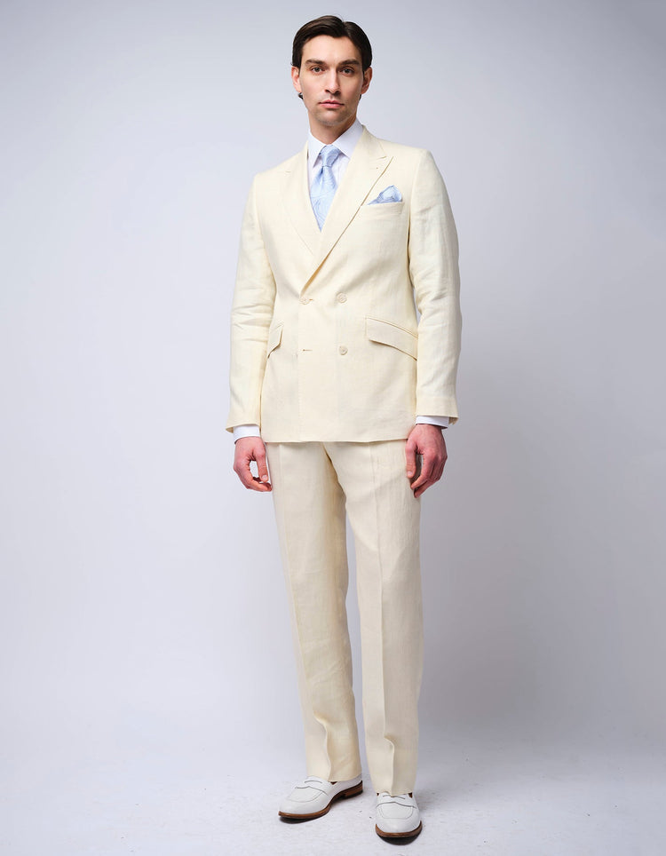Cream Double Breasted Herringbone Linen Suit - Gresham Blake Online