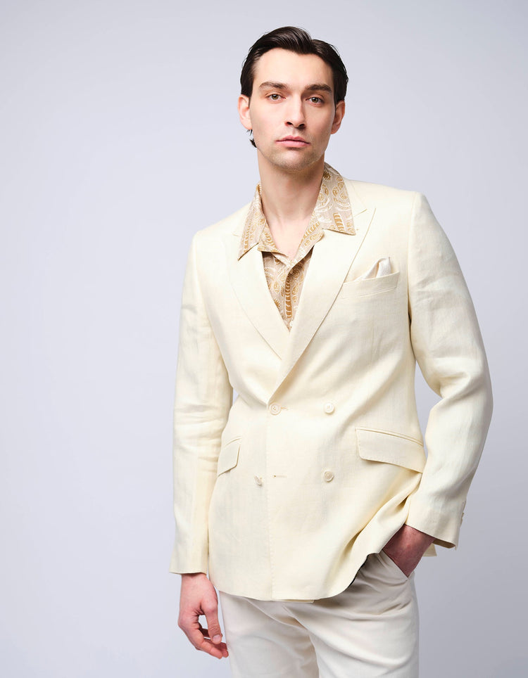 Cream Double Breasted Herringbone Linen Suit - Gresham Blake Online