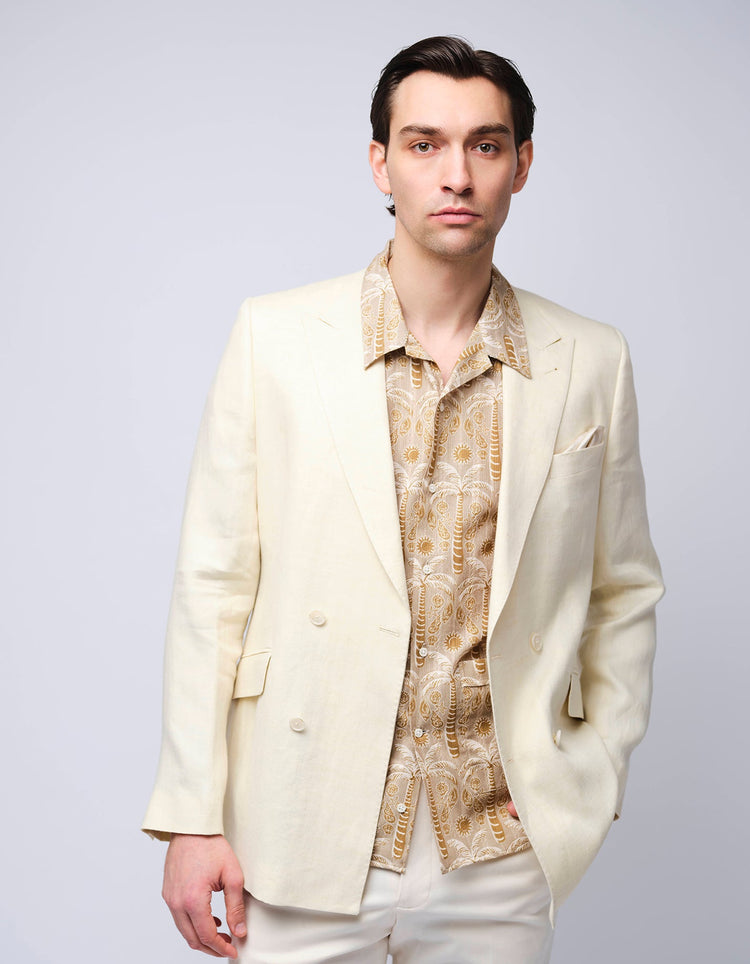 Cream Double Breasted Herringbone Linen Suit - Gresham Blake Online