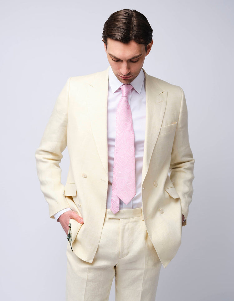 Cream Double Breasted Herringbone Linen Suit - Gresham Blake Online