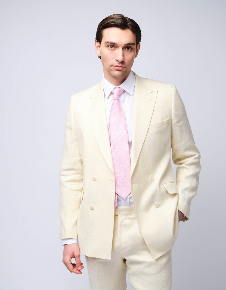 Cream Double Breasted Herringbone Linen Suit - Gresham Blake Online