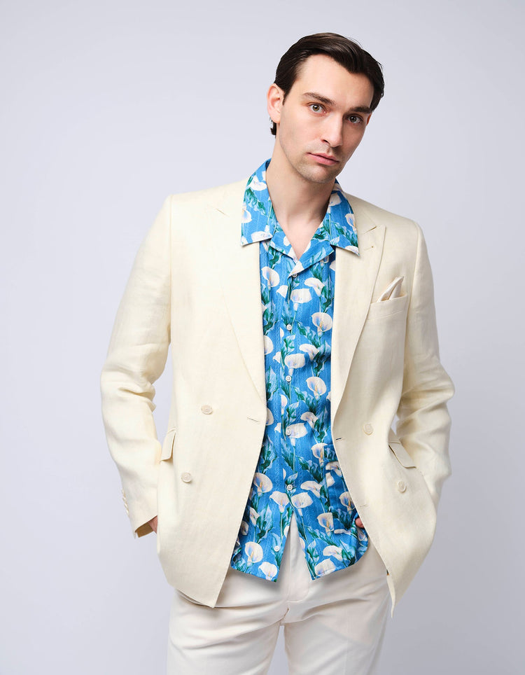 Cream Double Breasted Herringbone Linen Suit - Gresham Blake Online