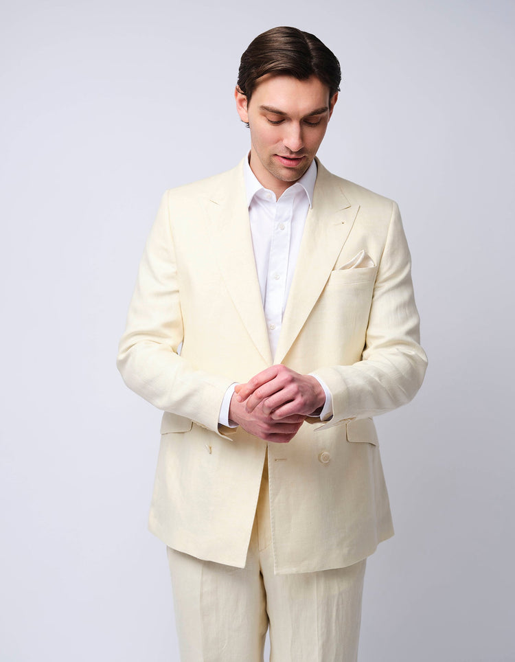 Cream Double Breasted Herringbone Linen Suit - Gresham Blake Online