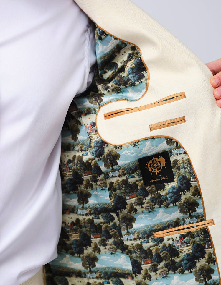 Cream Double Breasted Herringbone Linen Suit - Gresham Blake Online