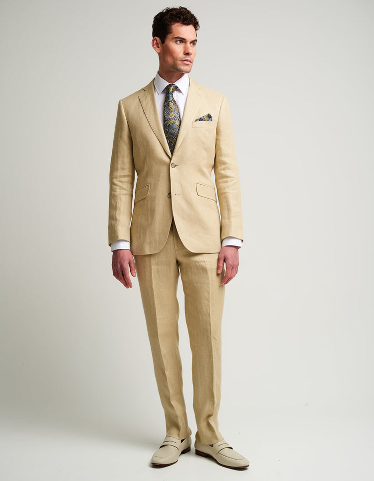 Cream Sand Herringbone Linen Suit - Gresham Blake Online