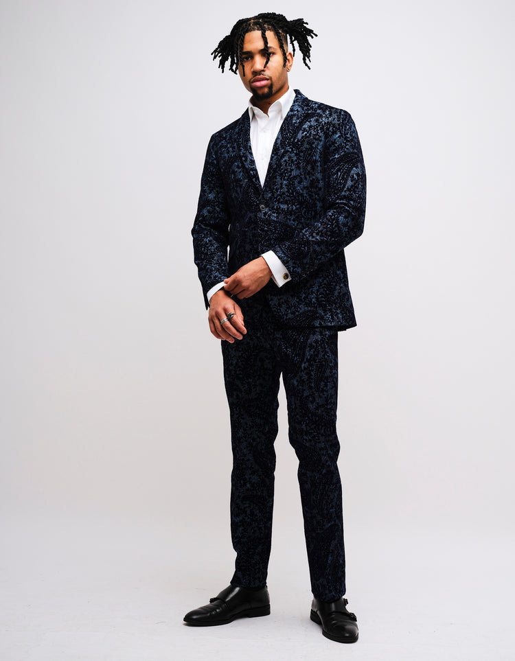 Navy Flocked Paisley Denim 2 Piece Suit GOLD COLLECTION